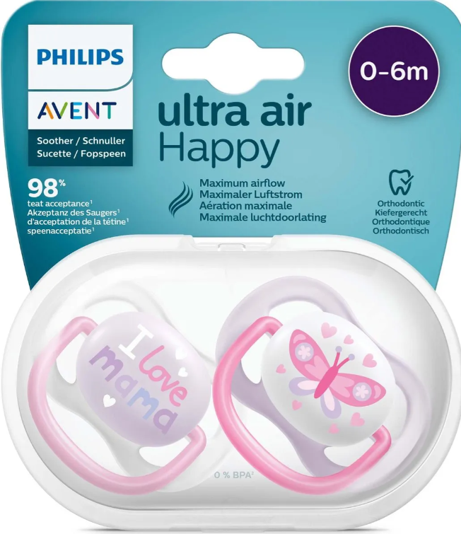 [8710103949190] AVENT SUCETTES ULTRA AIR HAPPY 0-6M FILLE MAMA-PAPILLON 2U