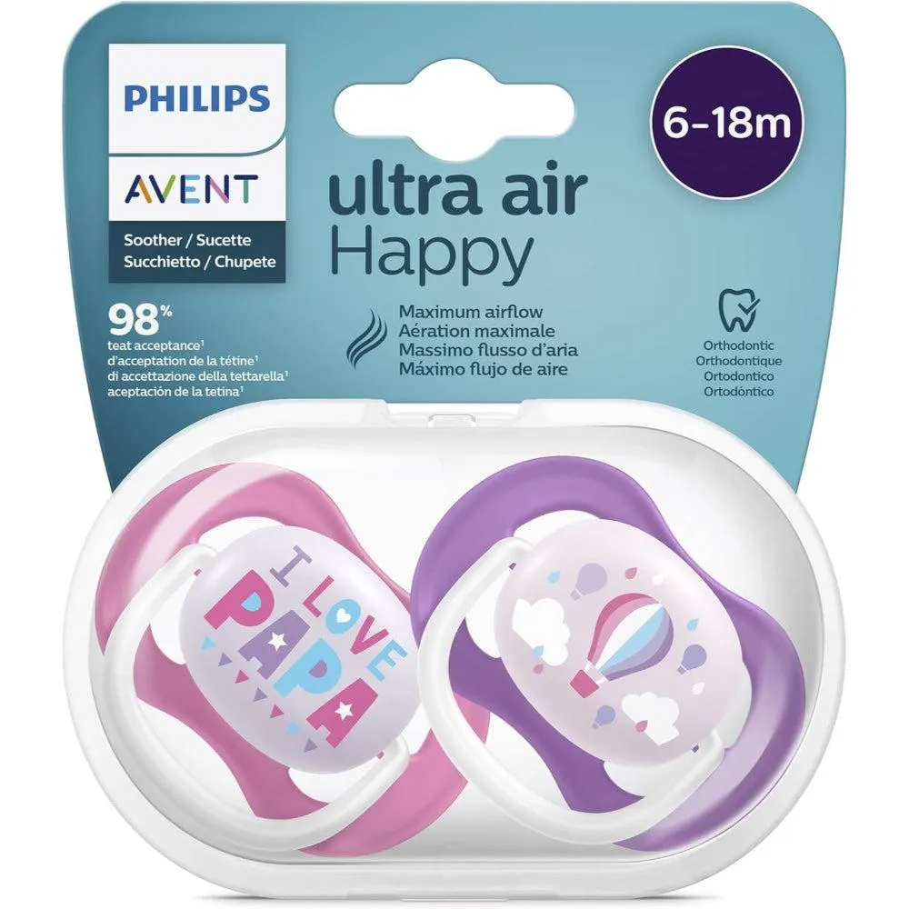 [8710103949268] AVENT SUCETTES ULTRA AIR HAPPY 6-18M FILLE PAPA-BALLON 2U