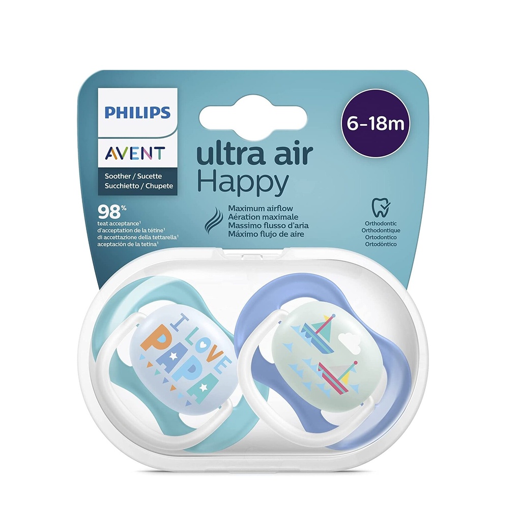 [8710103949220] AVENT SUCETTES ULTRA AIR HAPPY 6-18M GARCON PAPA-BATEAU 2U