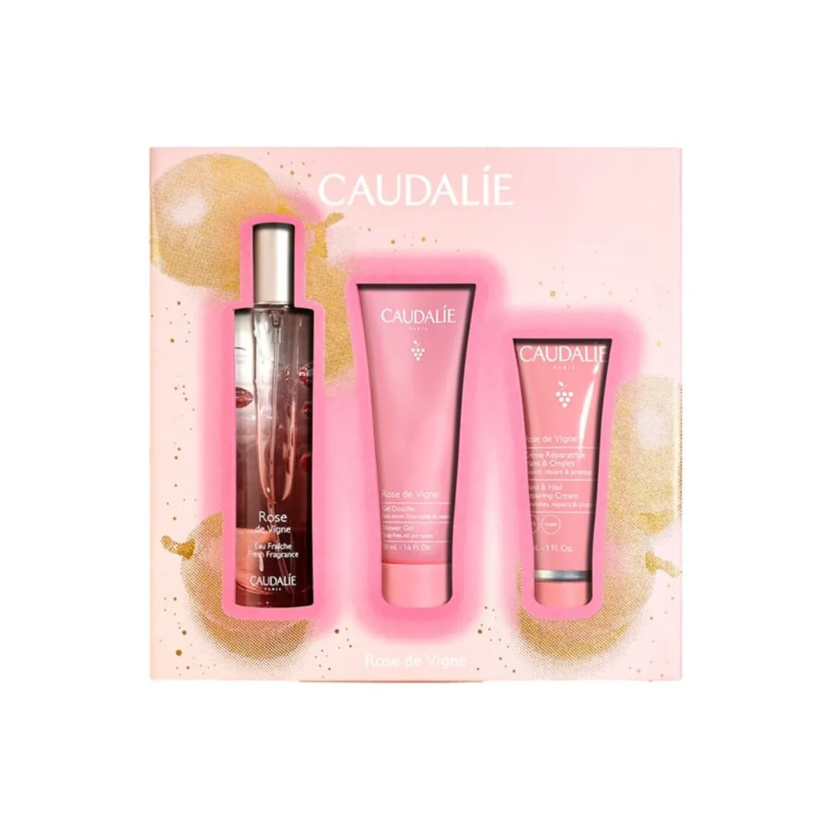 CAUDALIE COFFRET PASSION ROSE DE VIGNE - EAU FRAICHE, GEL DOUCHE ET CREME MAINS