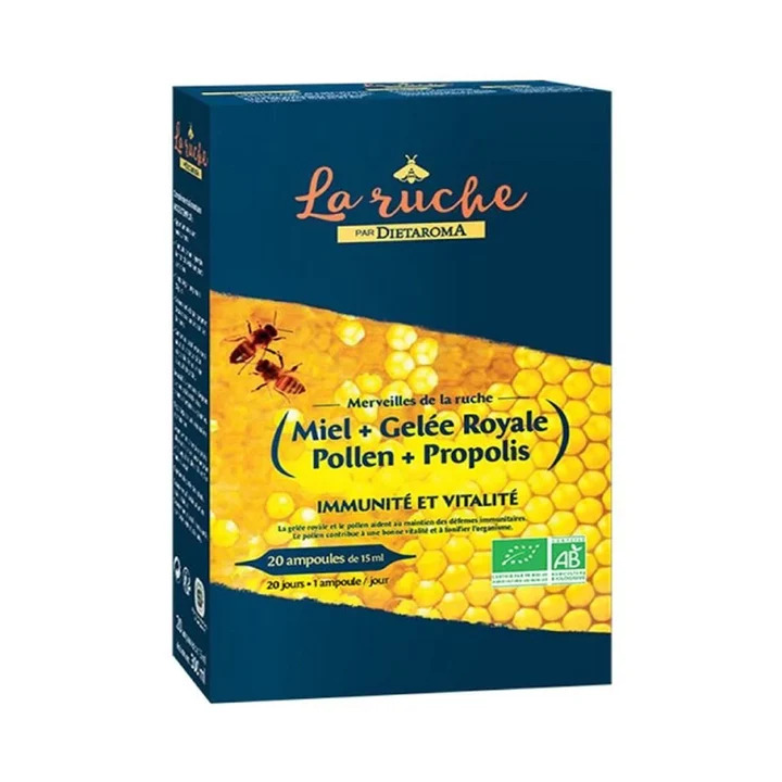 [3460341505638] DIETAROMA LA RUCHE MIEL + GELEE ROYALE + POLLEN + PROPOLIS BIO - 20 AMPOULES