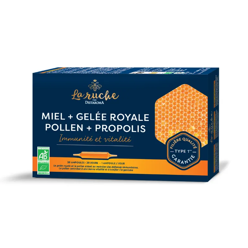 [3460341505638] DIETAROMA LA RUCHE MIEL + GELEE ROYALE + POLLEN + PROPOLIS BIO - 20 AMPOULES