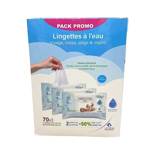 [2000015587670] GILBERT PACK LINGETTES A L' EAU BIODEGRADABLES 3*70U