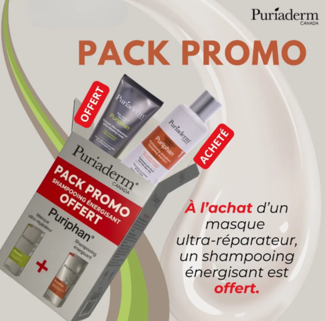 [796554054964] PURIADERM PACK PURIPHAN MASQUE ULTRA-REPARATEUR 200ML + SHAMPOOING ENERGISANT 200ML OFFERT