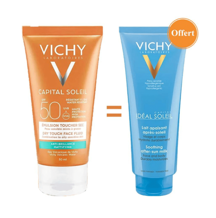 VICHY CAPITAL SOLEIL EMULSION TOUCHER SEC SPF50 50ML + IDEAL SOLEIL LAIT APAISANT 100ML OFFERT